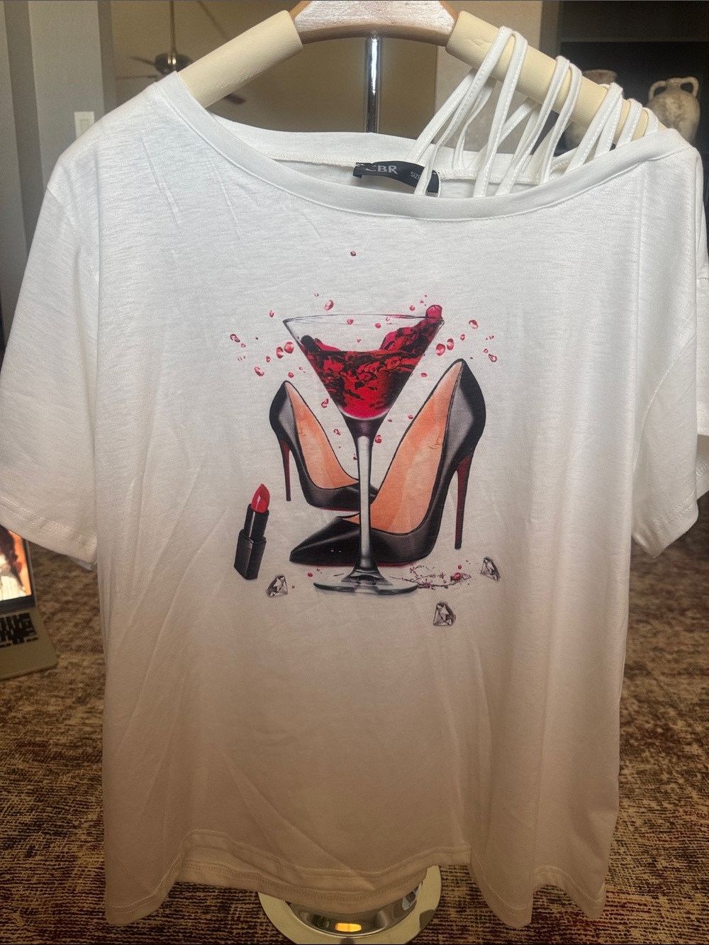 CBR White Short Sleeve Tee with Cocktail & Heels Graphic